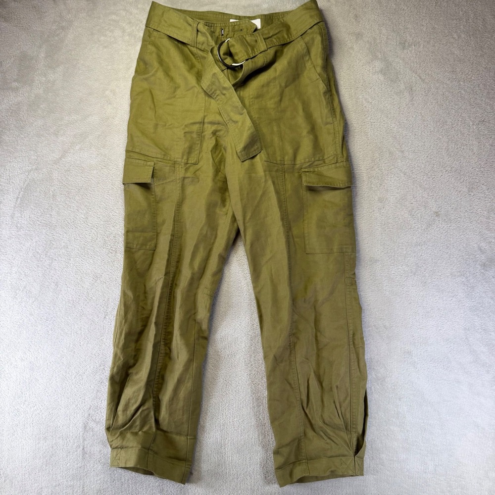 Quince Organic Cotton Linen Cargo Pants Olive Green Belted Utility Trousers XS